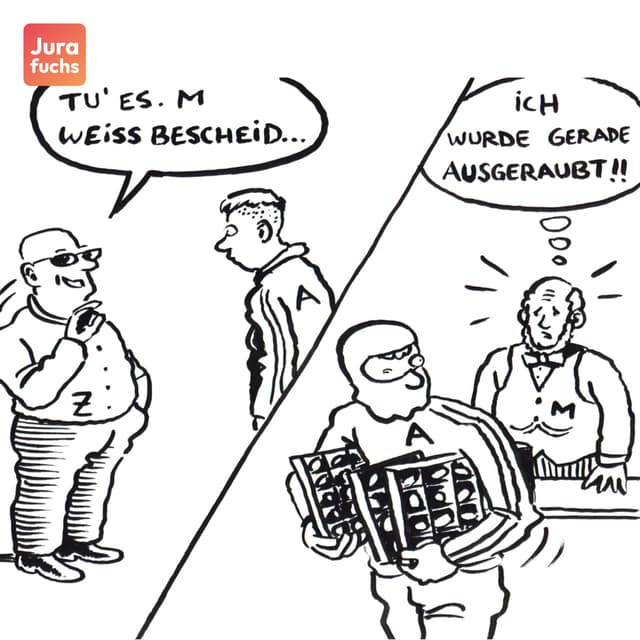 Jurafuchs Illustration: A stiehlt von M Münzen in dem Glauben, dass M das wegen eines geplanten Versicherungsbetrugs so will. 
