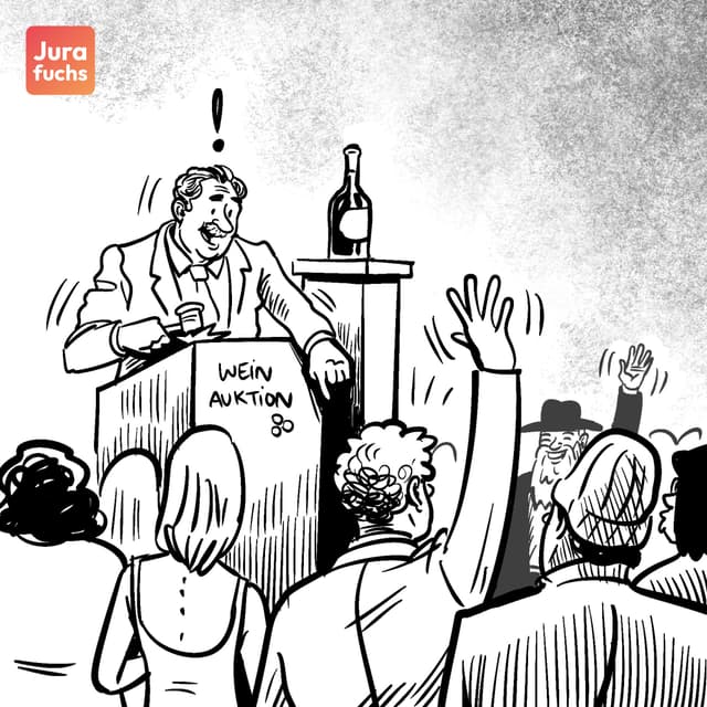 Jurafuchs Illustration zur Trierer Weinversteigerung: Bei einer Auktion winkt ein Teilnehmer seinem Freund, ohne zu wissen, dass das Handheben als Gebot wahrgenommen wird