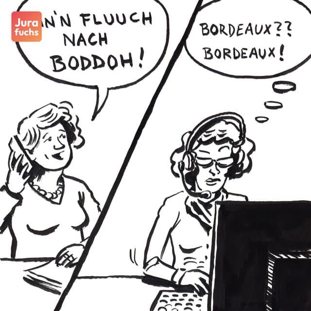 Jurafuchs Illustration zum Bordeaux-Fall (AG Bad Canstatt 16.3.2012 , 12 C 3263/11): Eine Frau möchte einen Flug nach Porto buchen. Aufgrund ihres starken Akzents versteht die Angestellte "Bordeaux" und bucht einen Flug nach Bordeaux.