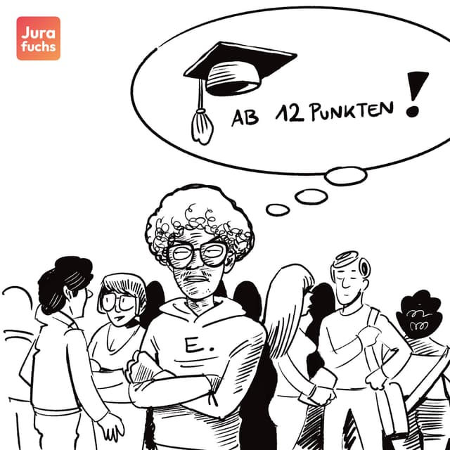 Illustration zur Normerlassklage, auf der die Person E. mit einer Gedankenblase zu sehen ist; in dieser Gedankenblase sieht man einen Promotionshut sowie den Schriftzug "Ab 12 Punkten!"
