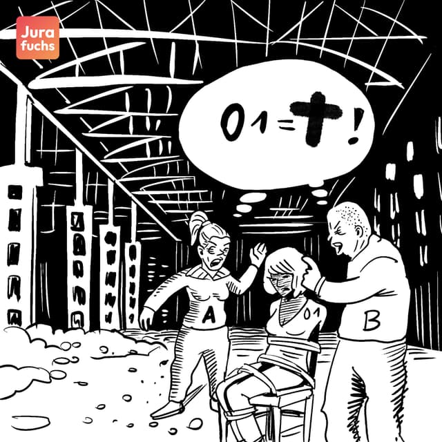 Jurafuchs Illustration: A und B planen den Tod des in einer Lagerhalle gefesselten Opfers O1.