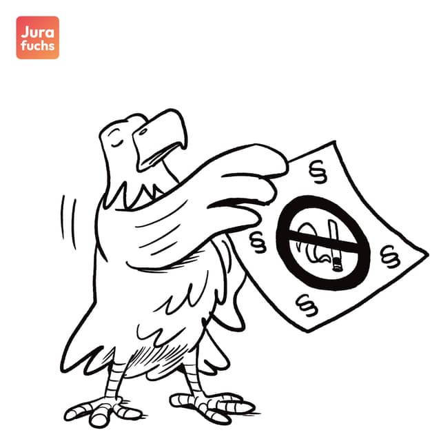 Illustration zum klassischen Eingriffsbegriff der Legislativem mit einem Bundesadler, der ein Blatt Papier in der Hand hält, auf dem ein Rauchenverbotenzeichen sowie Paragraphen abgebildet sind.