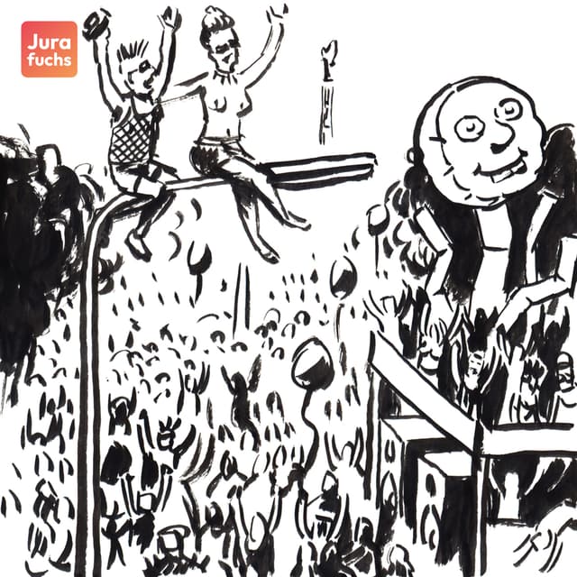 Jurafuchs-Illustration zum Fall zur Versammlungseigenschaft von Spaßveranstaltungen ("Love-Parade")(BVerfG, 12.07.2001): Man erkennt eine Versammlung von vielen glücklichen Menschen mit Wagen. Zwei Frauen sitzen auf einer Laterne.